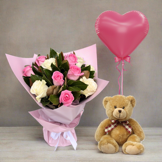 Flower Bouquet Bundle with Plush Bear & Balloon