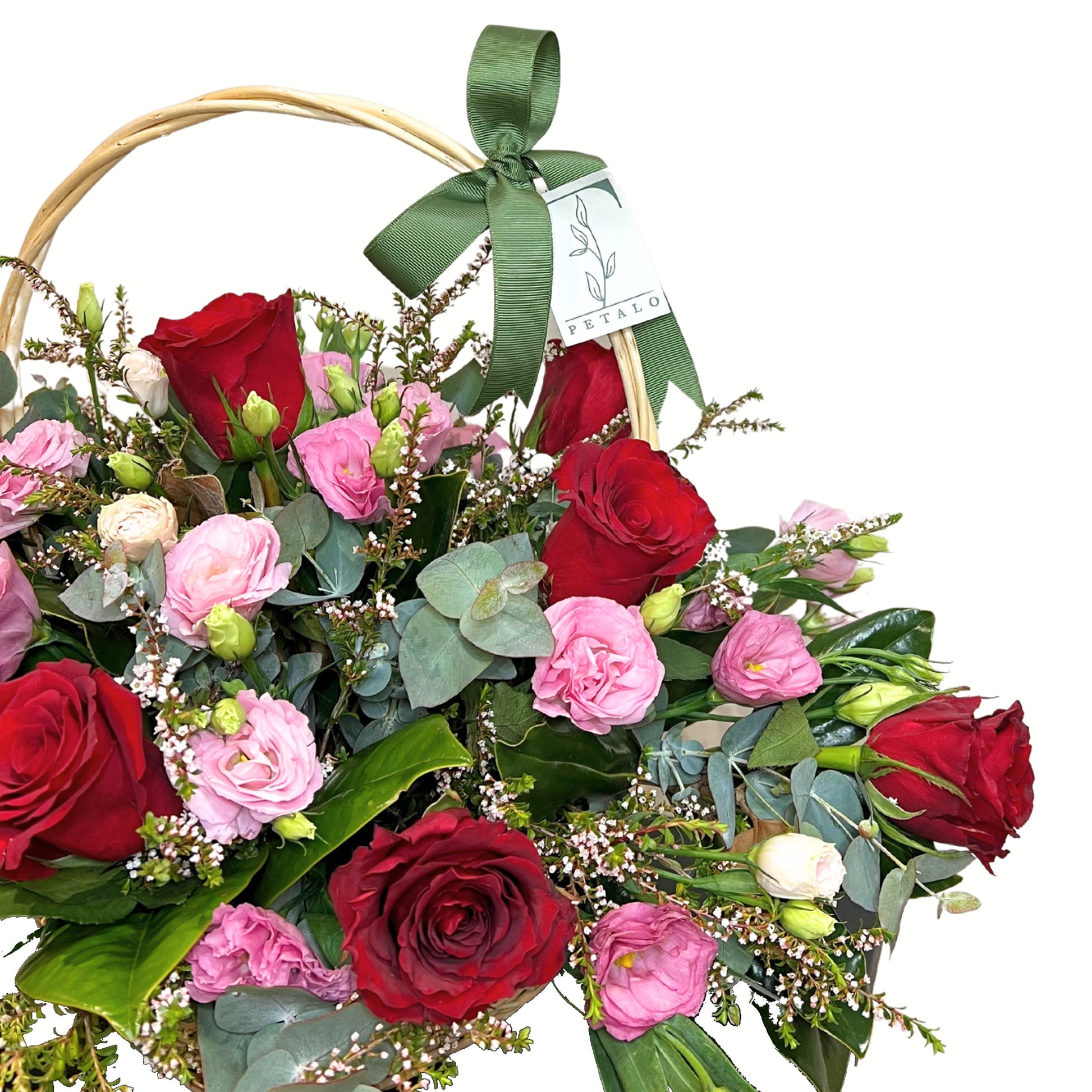 Red Roses and Pink Lisianthus Cane Basket - Petalo - Flower Delivery Melbourne 