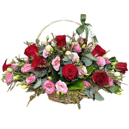 Red Roses and Pink Lisianthus Cane Basket - Petalo - Flower Delivery Melbourne  